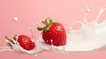 Fresh strawberries splashed in milk spread on a pink background.AI Generative. photo
