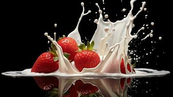 Fresh strawberries splashed in milk spread on a black background. AI Generative. photo