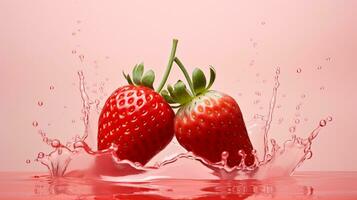 Freshly Splashed Strawberry on Colored Background with Water Droplets.AI Generative photo