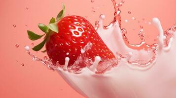 Fresh strawberries splashed in milk spread on a pink background.AI Generative. photo