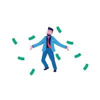 Businessman with scattered green banknotes. Successful investment with maximum profit and sudden wealth design with financial luck vector