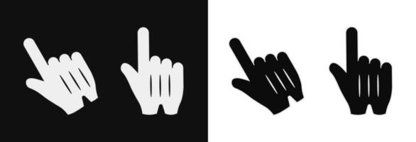 Hand cursors in white and black gloves. Digital pointer for selecting online actions and turning on computer vector programs.