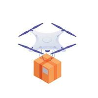 Delivery drones carry and stack boxes isometric illustration. White modern quadrocopters ship sort yellow vector boxes fast loading delivery goods by mobile robotic devices .