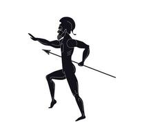 Silhouette of greek soldier with spear. Ancient spartan warrior without armor in helmet strikes with pike in classic antique vector style