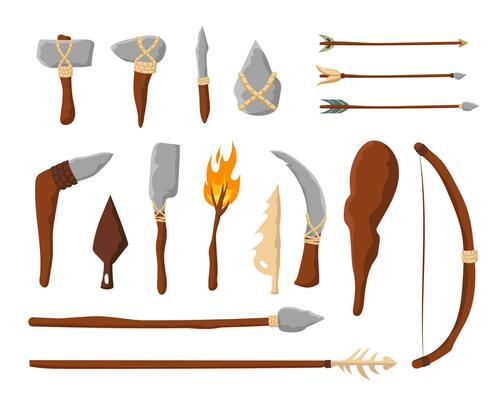 Tools and weapons of stone age. Prehistoric axes and spears clubs with bows and arrows of primitive hunters and vector neanderthals