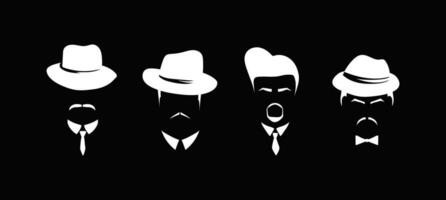 Male white vintage profiles in style of 20s and 30s template. Mafia men character 20s with retro style for masquerade and designer vector avatar