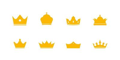 Gold royal crowns icon set. Monarch heraldic diadem of royalty and power with luxury decoration in vintage medieval vector style