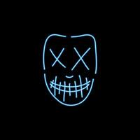 Neon blue zombie mask. Dead character with cross eyes and sewn mouth with fangs for halloween and vector party