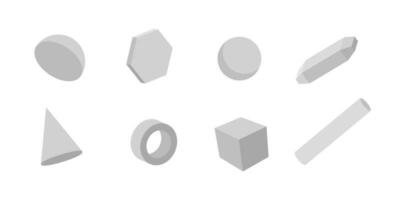 White geometric 3d shapes set. Grey cylinders with hexagon and triangle as modern design elements with object of simple vector constructions