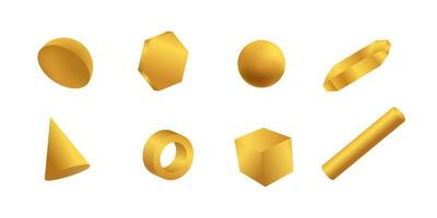 Golden geometric 3d shapes set. Cylinders with hexagon and triangle as modern design elements with object of simple vector constructions