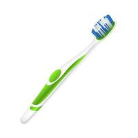 Realistic toothbrush. Useful item for hygiene and oral care with green stripes on handle and colored vector bristles