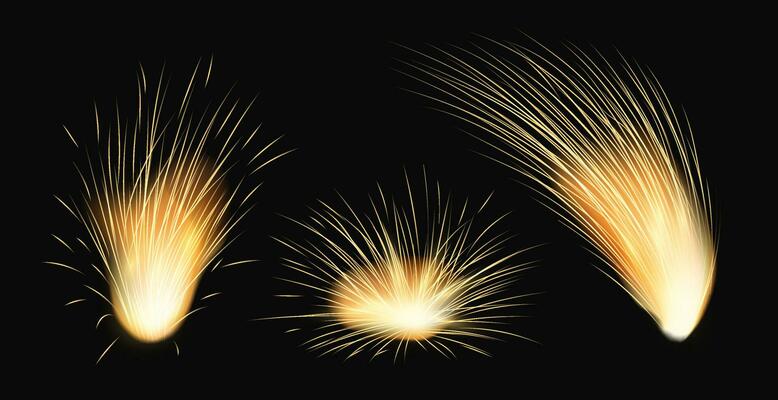 Bright explosions of sparks set. Geometric bursts of holiday lights with glowing energy and flying vector particles