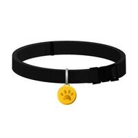 Black dog collar. Stylish domestic pet harness with gold medal paw for safety and vector protection