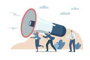 Building relationships with customers, Business media support, Public relations to communicate company information, Business team people helping to communicate with customers using big megaphone. vector