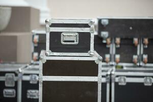 Case boxes for musical equipment. Professional stage equipment is packed in special boxes. photo