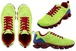 Bright green sneakers with red laces. Sport shoes on white background photo