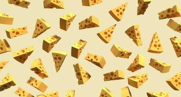 Pieces of cheese icon. Cheese pieces on yellow background. 3D render of a cheese. Cheese concept. Banner with food. 3D rendering photo