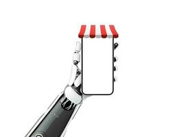 Phone with shop awning in robot hand. Concept of using artificial intelligence in online shopping, optimizing prices and product offer photo