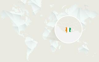 Ivory Coast map with flag in contour on white polygonal World Map. vector