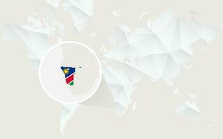 Namibia map with flag in contour on white polygonal World Map. vector