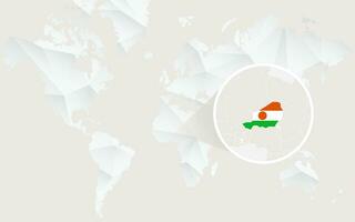 Niger map with flag in contour on white polygonal World Map. vector