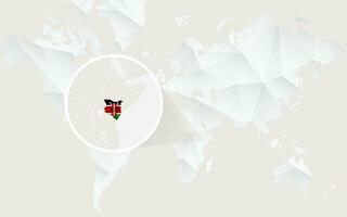 Kenya map with flag in contour on white polygonal World Map. vector