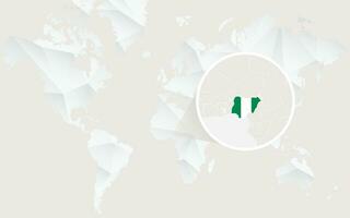 Nigeria map with flag in contour on white polygonal World Map. vector