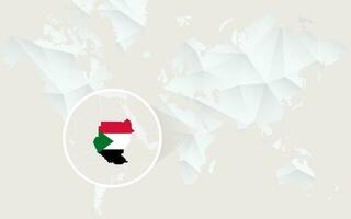 Sudan map with flag in contour on white polygonal World Map. vector