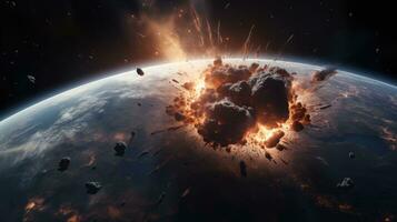 Asteroid or meteor fly to the earth, disaster, creative fantasy science AI Generative photo