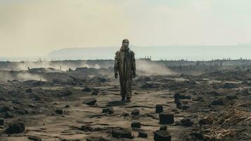 Scorched earth after the end of the world. Man in a mask and protective suit AI Generative photo