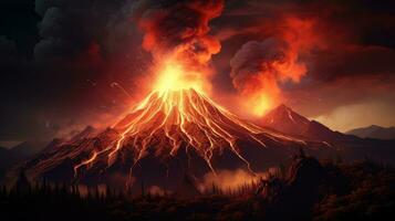 Volcano eruption at night. Natural disaster, volcano explosion. AI Generative photo