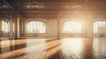 Empty classical dance hall with mirror, sunlight from windows. Ballet class AI Generative photo