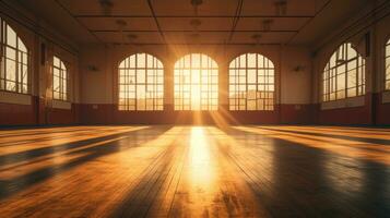 vacío clásico danza salón con espejo, luz de sol desde ventanas ballet clase ai generativo foto