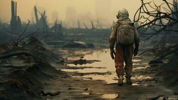 Scorched earth after the end of the world. Man in a mask and protective suit AI Generative photo