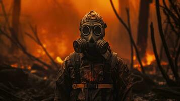 Scorched earth after the end of the world. Man in a mask and protective suit AI Generative photo