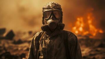 Scorched earth after the end of the world. Man in a mask and protective suit AI Generative photo