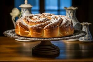 A freshly baked Polish babka, adorned with a dusting of powdered sugar, and served on a vintage cake stand. Generative AI photo