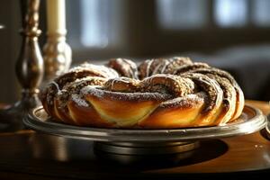 A Polish babka with a dusting of powdered sugar is served on a cake stand. AI Generative photo