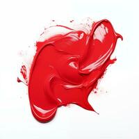 un frotis de rojo acrílico pintar. un cepillo carrera de pintar en un blanco antecedentes. ai generativo foto