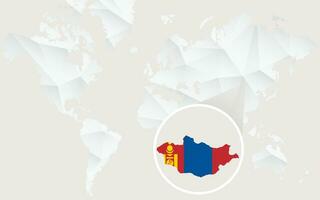 Mongolia map with flag in contour on white polygonal World Map. vector