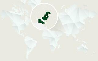 Pakistan map with flag in contour on white polygonal World Map. vector