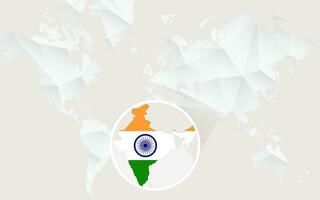 India mapa con bandera en contorno en blanco poligonal mundo mapa. vector