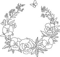 Summer floral elegant romantic old fashioned wreath contour coloring page vector