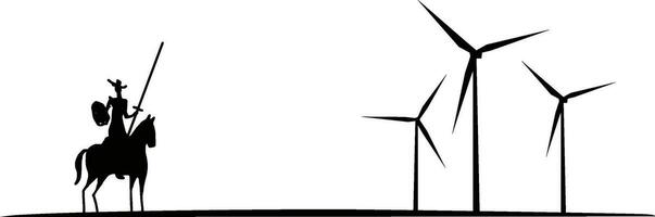 Modern Don Quixote Fight chasing imaginary evils windmills Wind turbine silhouette t-shirt print vector