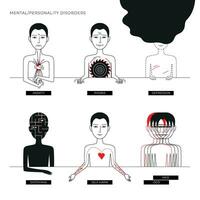 Poster with Set of Six Injured Sick Persons Suffering with Mental or Personality Disorders vector