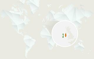 Ireland map with flag in contour on white polygonal World Map. vector