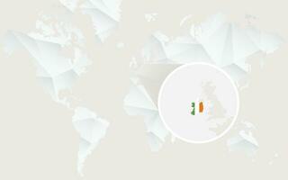 Ireland map with flag in contour on white polygonal World Map. vector