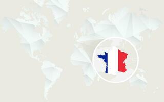 France map with flag in contour on white polygonal World Map. vector