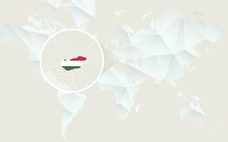 Hungary map with flag in contour on white polygonal World Map. vector