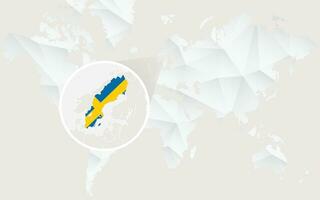 Sweden map with flag in contour on white polygonal World Map. vector